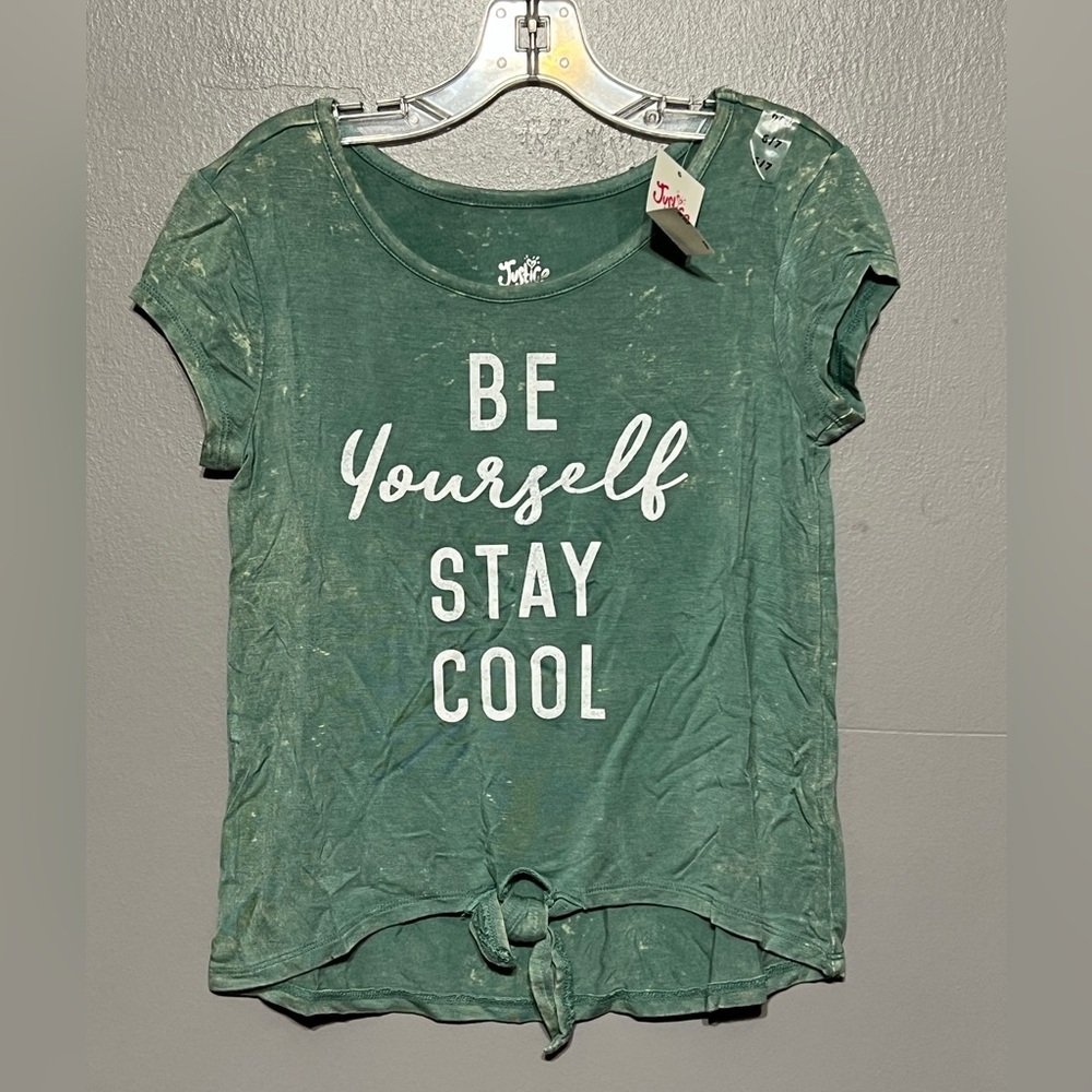 Justice Burnout Positive Tee Olive Tie Front Short Sleeve Crew Neck Shirt 6/7